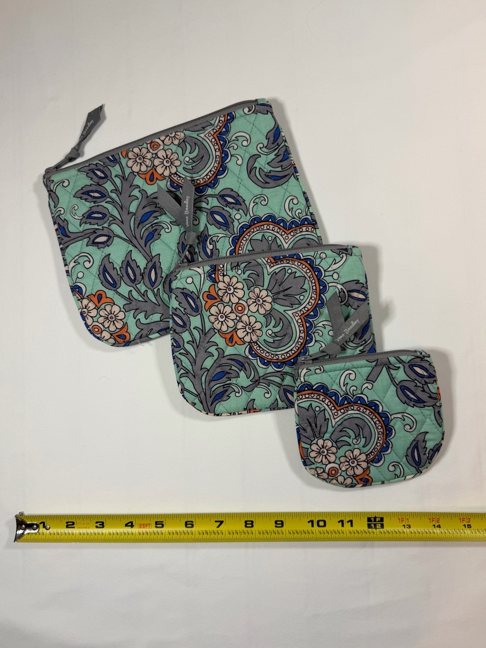 Vera Bradley Mint Paisley Quilted Zip Pouch Trio